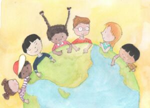 Zeichnung eines Weltkugelballs, um den sich Kinder verschiedenster ethnischer Herkunft versammeln