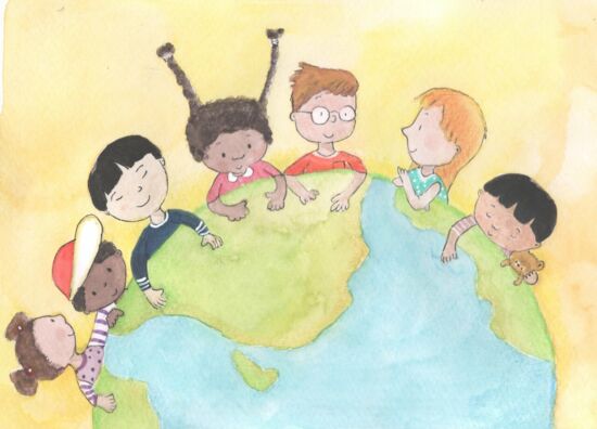 Zeichnung eines Weltkugelballs, um den sich Kinder verschiedenster ethnischer Herkunft versammeln
