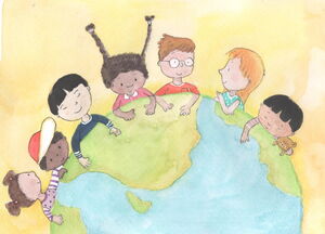 Zeichnung eines Weltkugelballs, um den sich Kinder verschiedenster ethnischer Herkunft versammeln